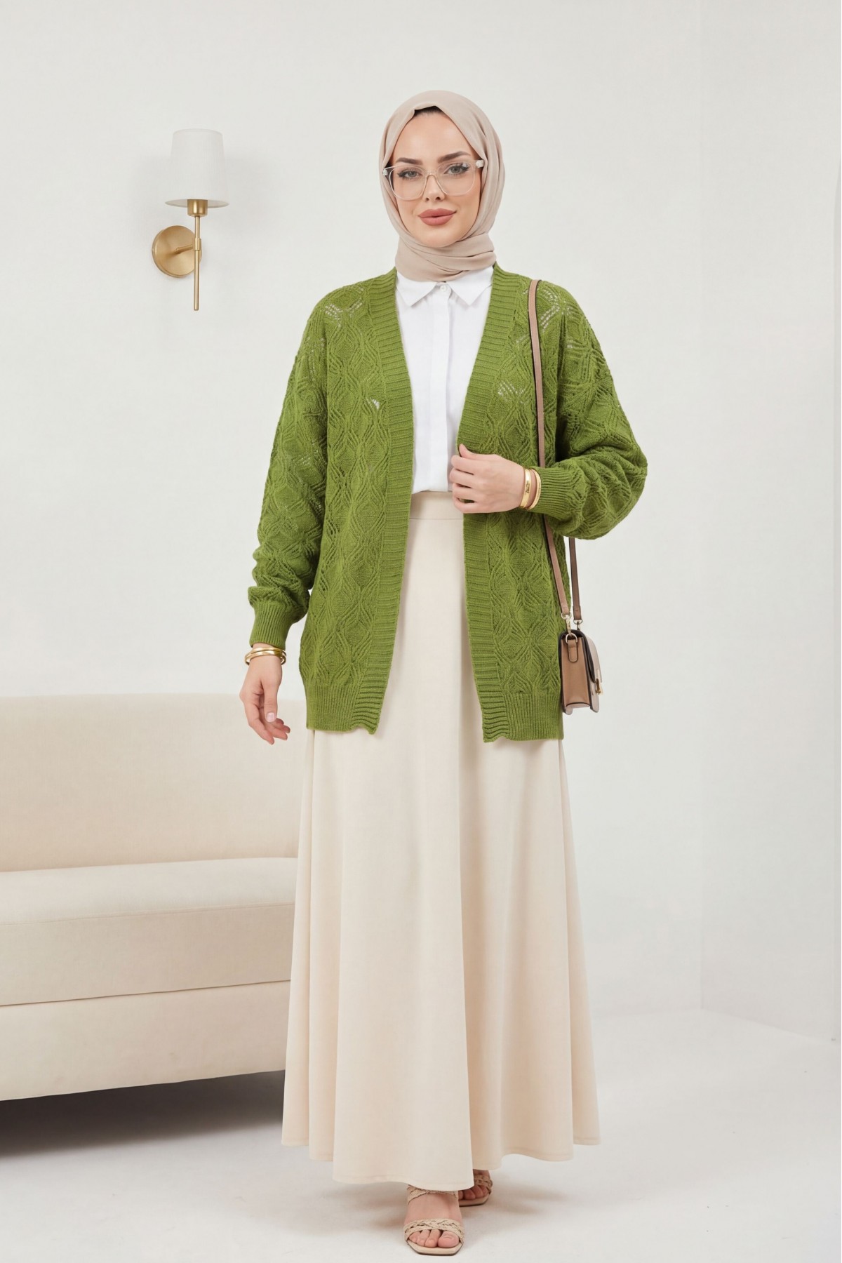 Desenli Araboy Örme Triko Hırka   -Haki