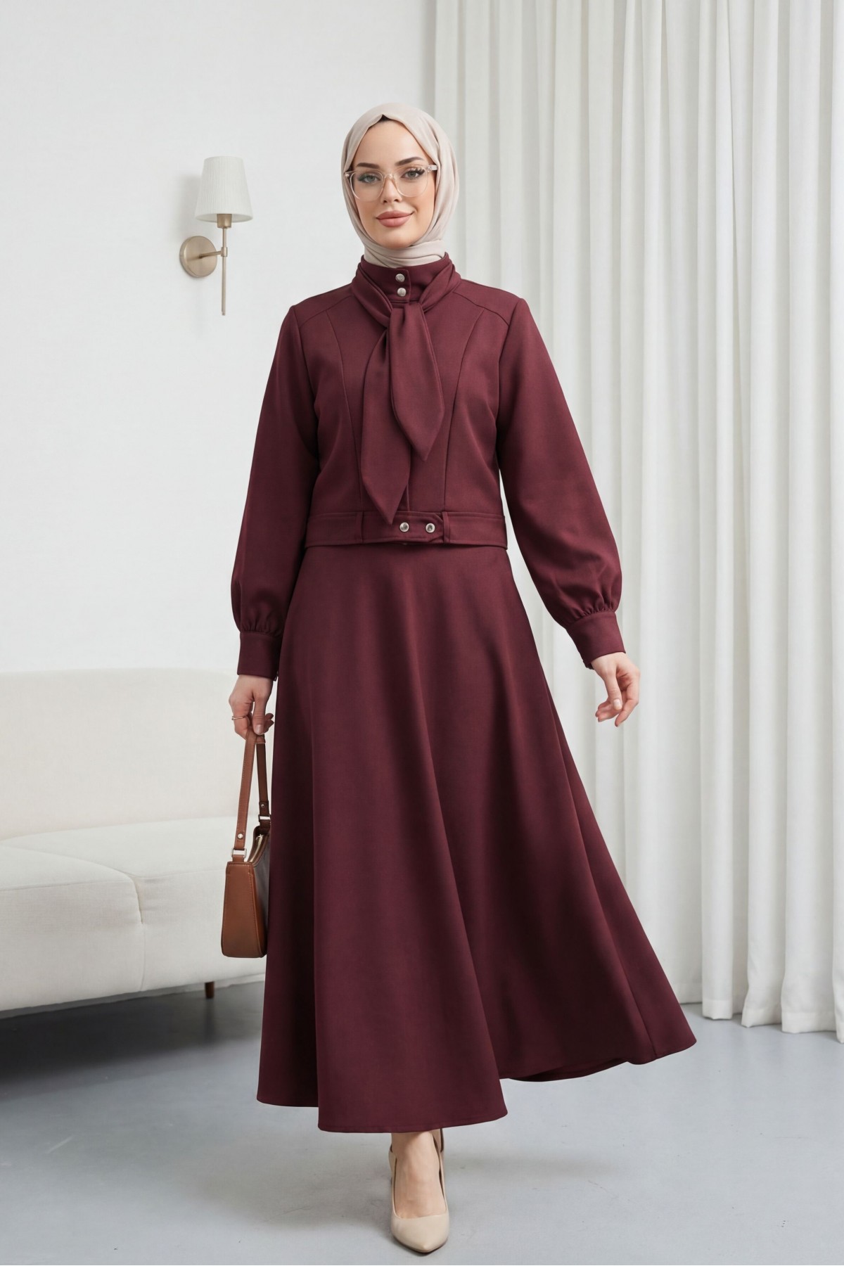 Gizli Düğmeli Fular Detaylı Etekli Diagonal Takım   -Bordo