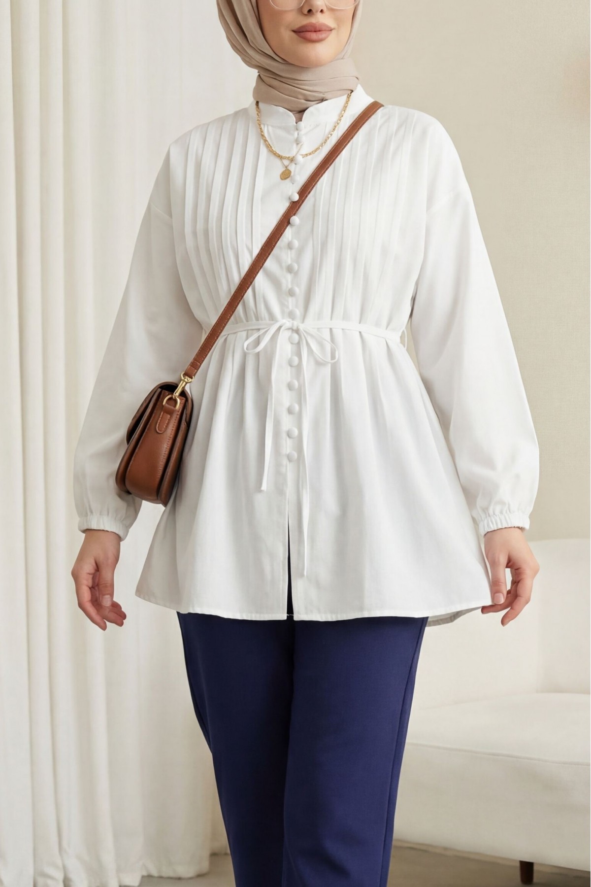 Kemerli Kolu Lastikli Önü Düğmeli Katlama Detaylı Poplin Gömlek -Beyaz