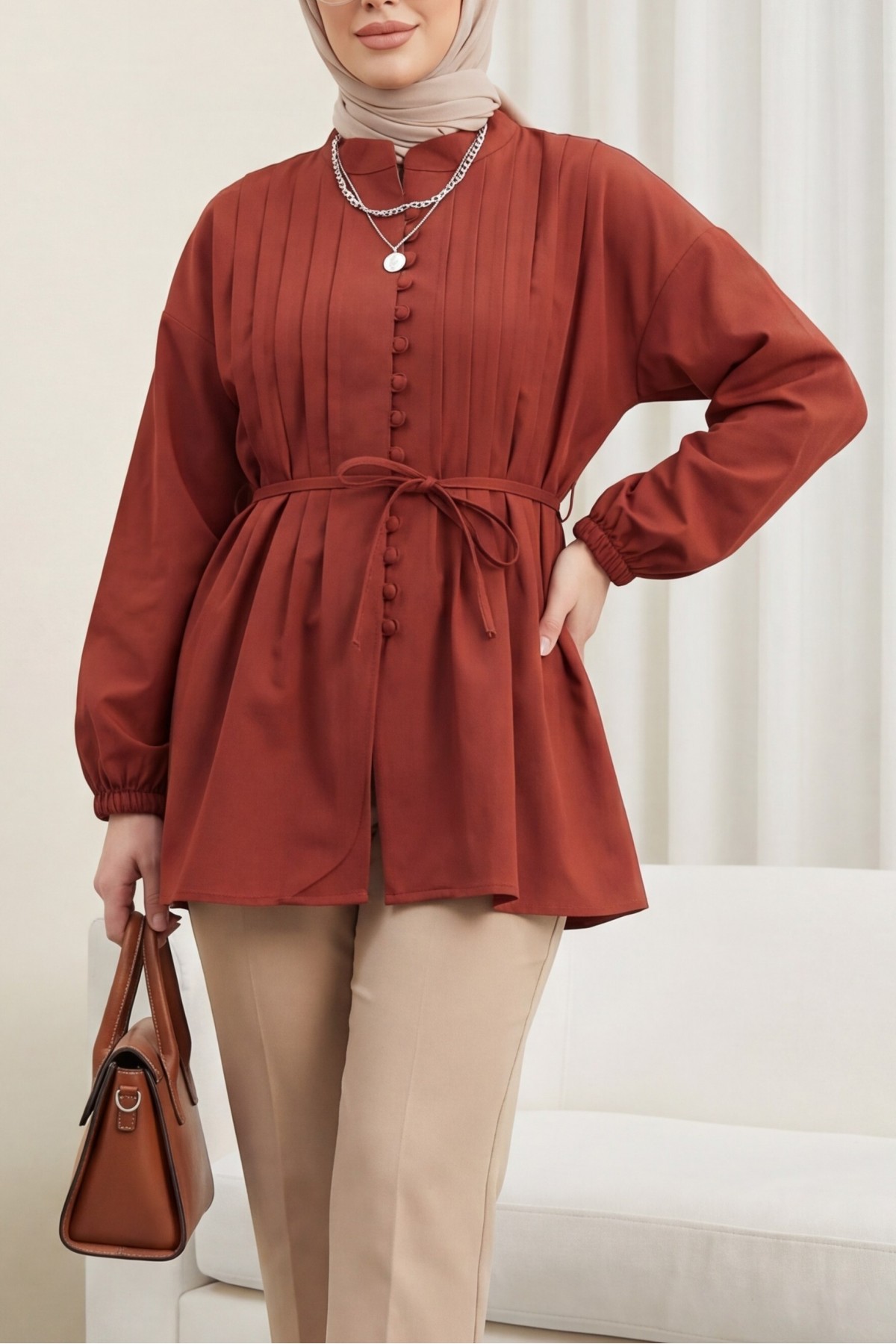 Kemerli Kolu Lastikli Önü Düğmeli Katlama Detaylı Poplin Gömlek -Bordo