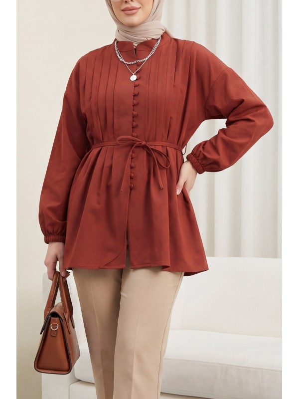 Kemerli Kolu Lastikli Önü Düğmeli Katlama Detaylı Poplin Gömlek -Bordo