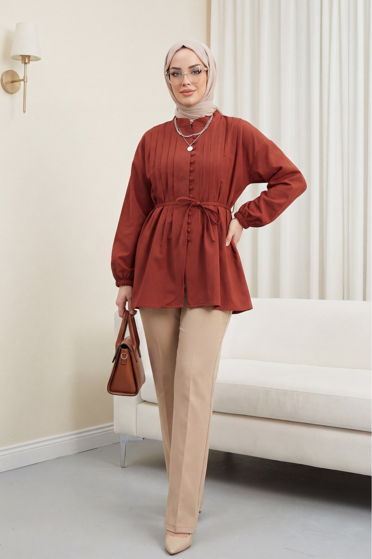 Kemerli Kolu Lastikli Önü Düğmeli Katlama Detaylı Poplin Gömlek -Bordo