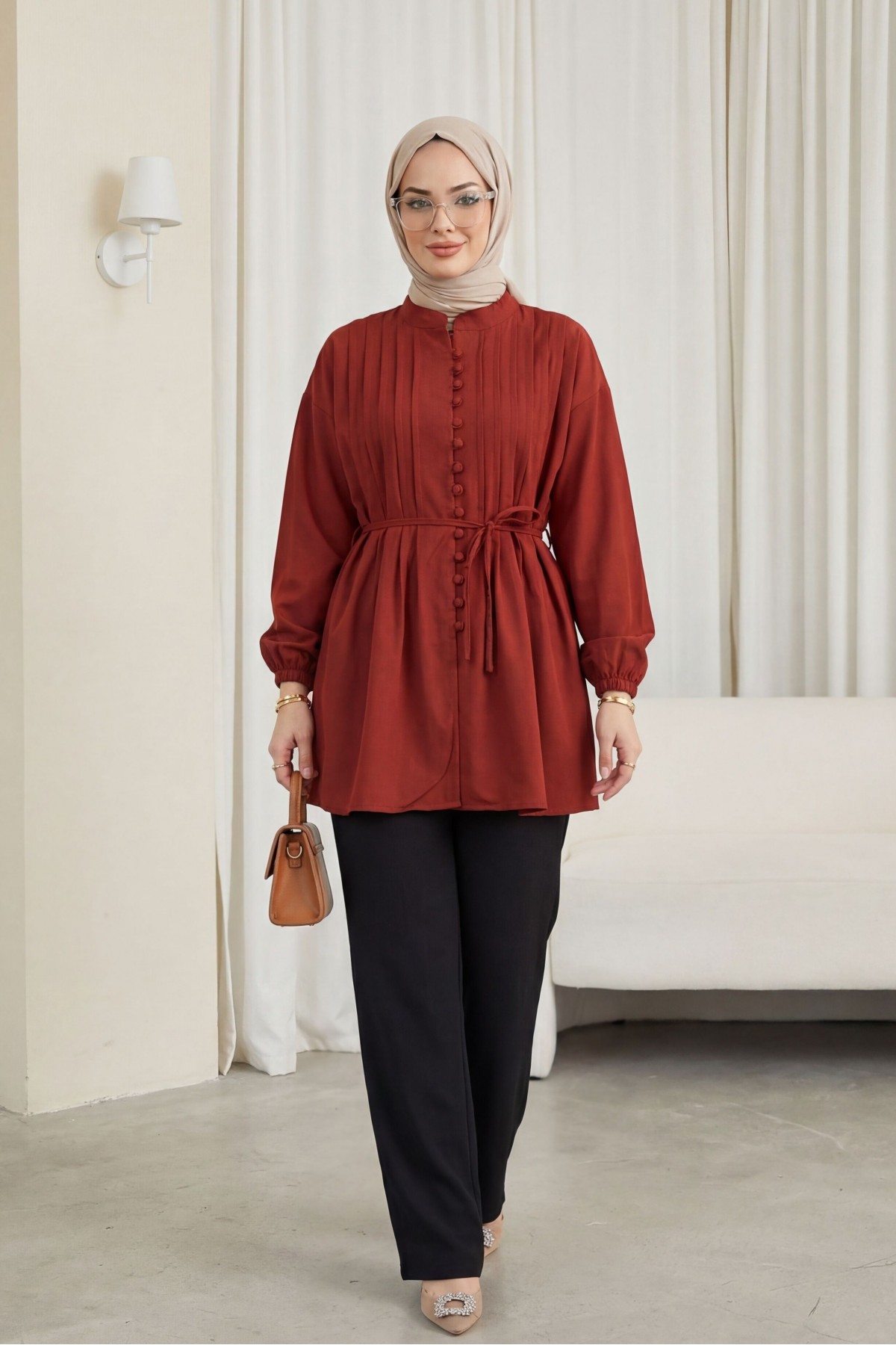 Kemerli Kolu Lastikli Önü Düğmeli Katlama Detaylı Poplin Gömlek -Bordo