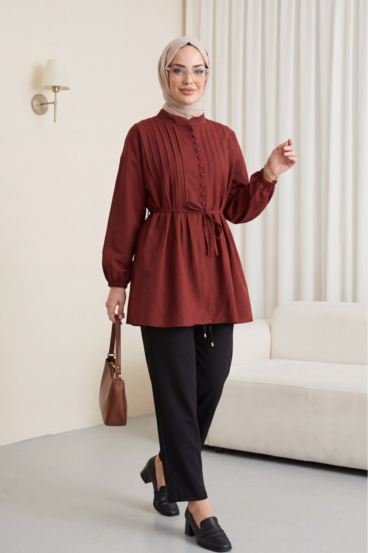 Kemerli Kolu Lastikli Önü Düğmeli Katlama Detaylı Poplin Gömlek -Bordo