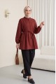 Kemerli Kolu Lastikli Önü Düğmeli Katlama Detaylı Poplin Gömlek -Bordo