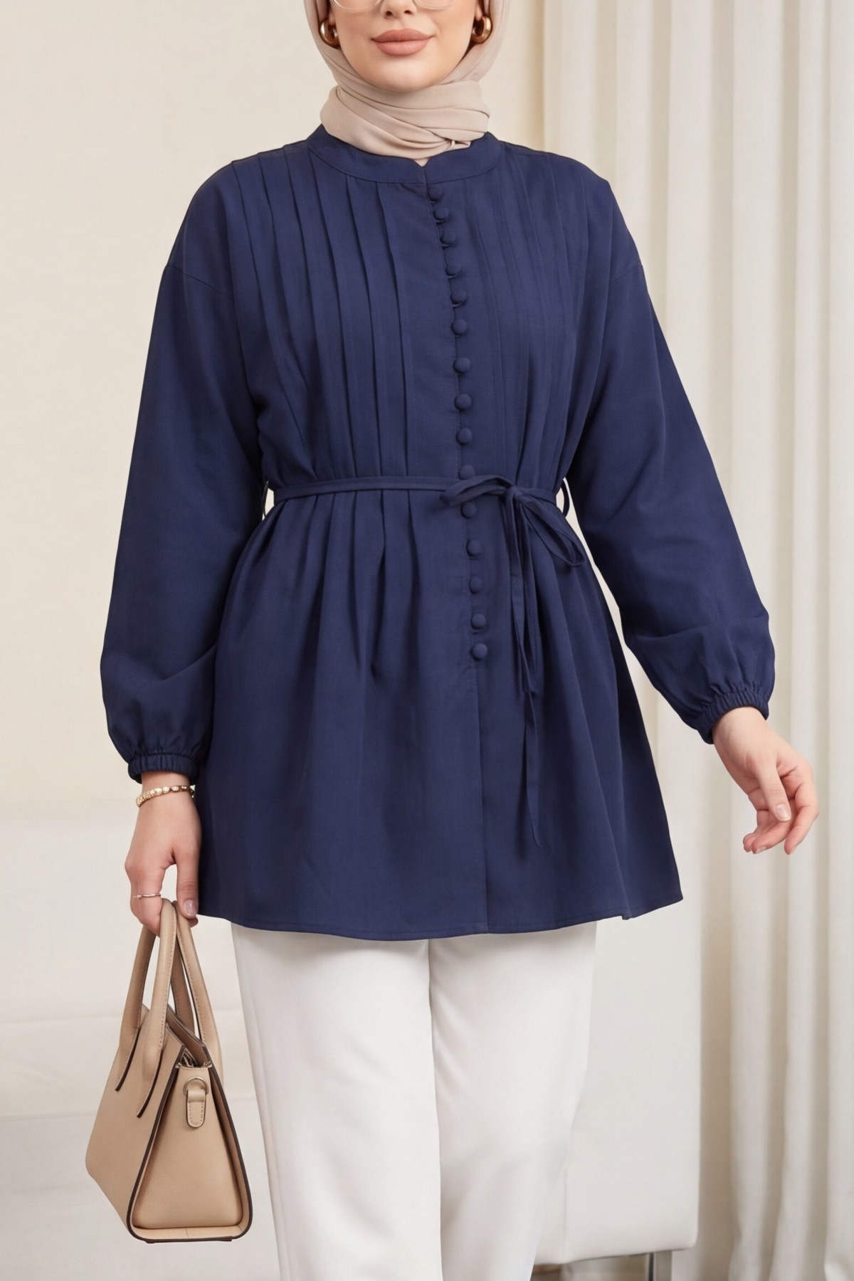 Kemerli Kolu Lastikli Önü Düğmeli Katlama Detaylı Poplin Gömlek -Laci