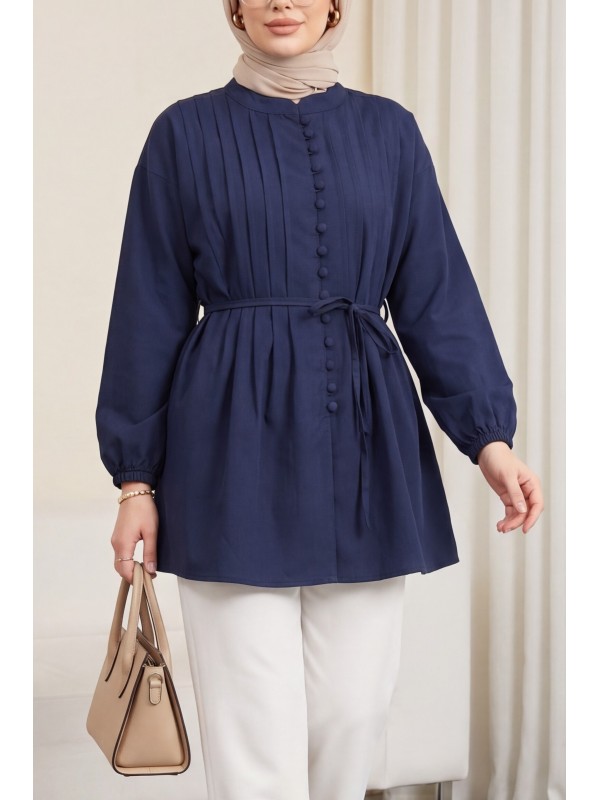 Kemerli Kolu Lastikli Önü Düğmeli Katlama Detaylı Poplin Gömlek -Laci