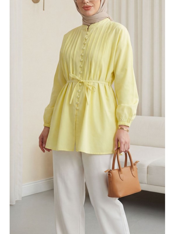 Kemerli Kolu Lastikli Önü Düğmeli Katlama Detaylı Poplin Gömlek -Sarı