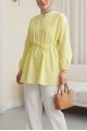 Kemerli Kolu Lastikli Önü Düğmeli Katlama Detaylı Poplin Gömlek -Sarı