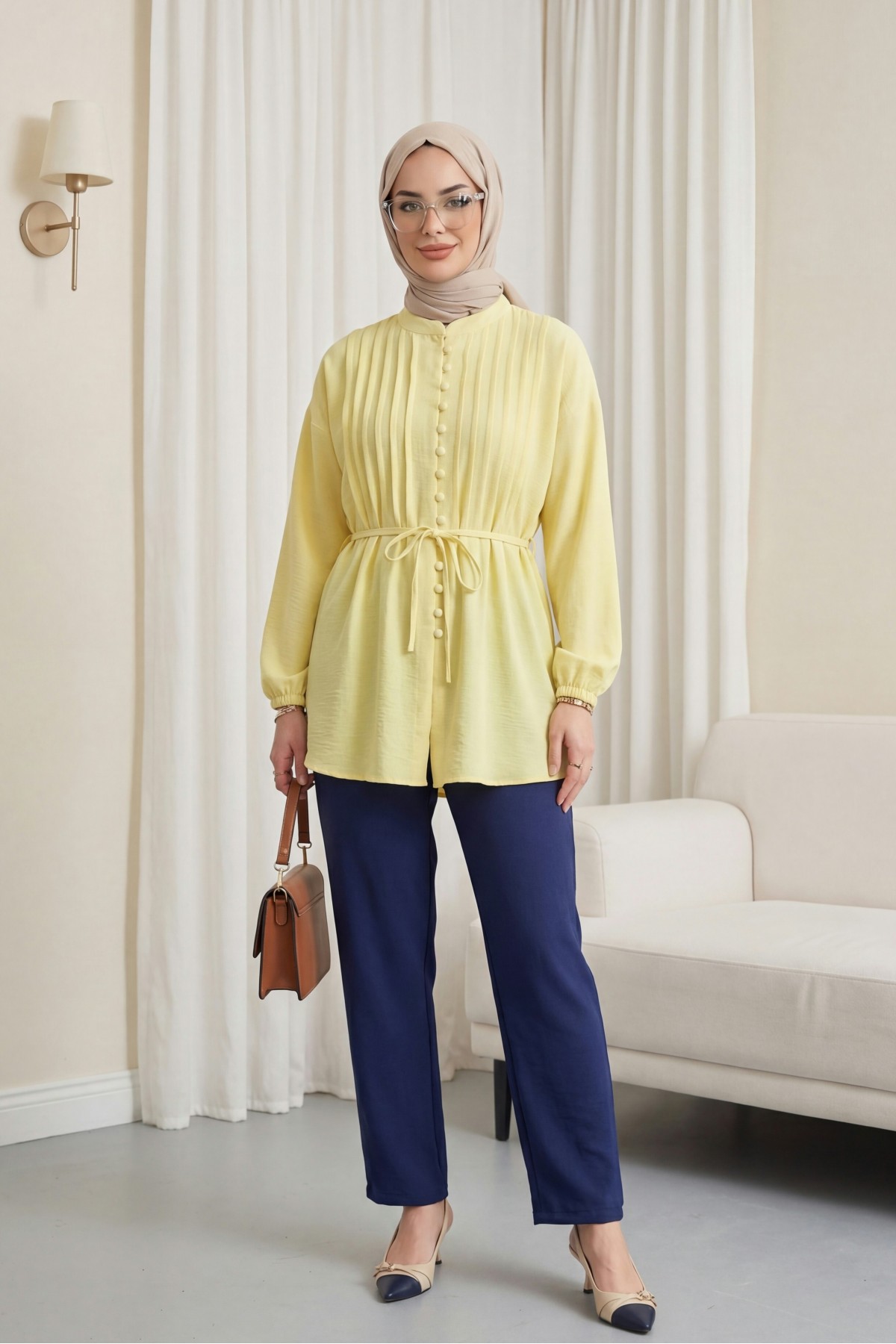 Kemerli Kolu Lastikli Önü Düğmeli Katlama Detaylı Poplin Gömlek -Sarı