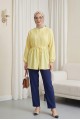 Kemerli Kolu Lastikli Önü Düğmeli Katlama Detaylı Poplin Gömlek -Sarı