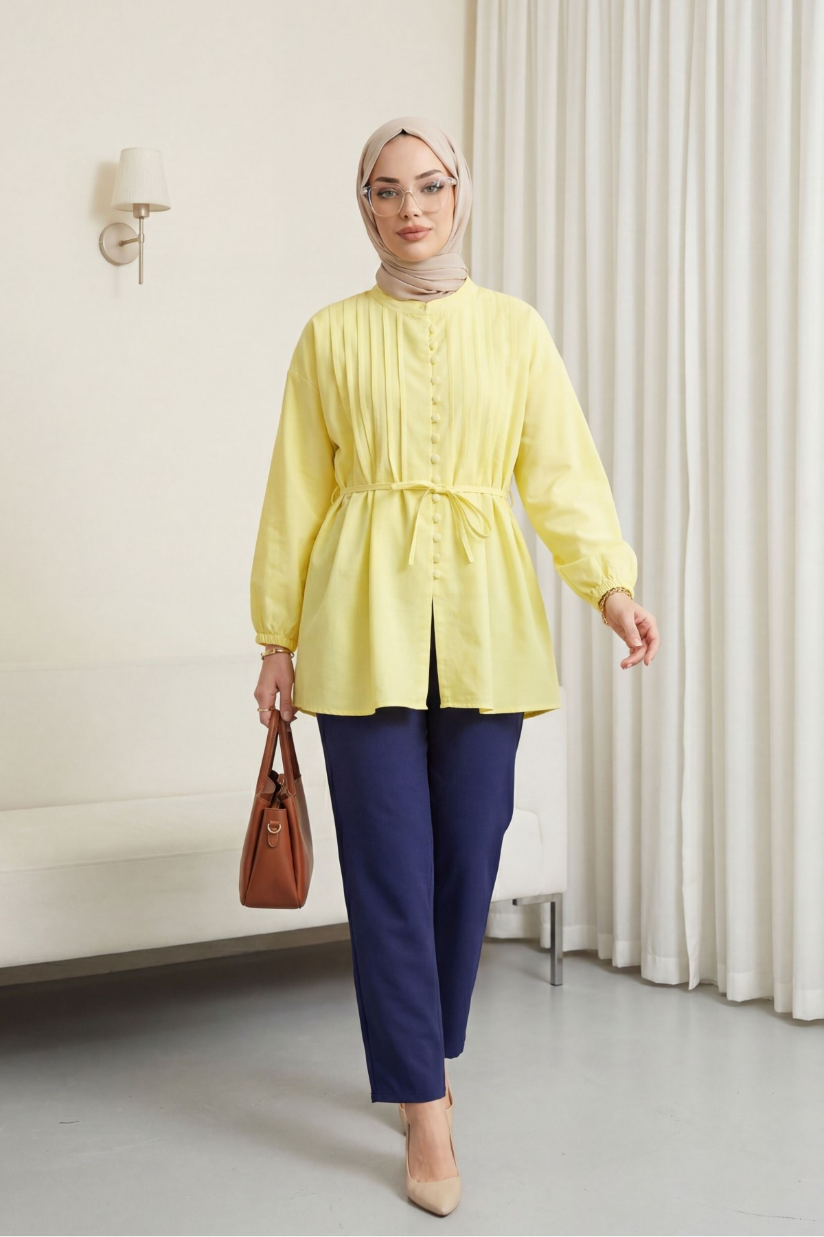 Kemerli Kolu Lastikli Önü Düğmeli Katlama Detaylı Poplin Gömlek -Sarı