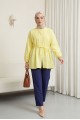 Kemerli Kolu Lastikli Önü Düğmeli Katlama Detaylı Poplin Gömlek -Sarı