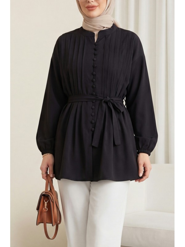 Kemerli Kolu Lastikli Önü Düğmeli Katlama Detaylı Poplin Gömlek -Siyah