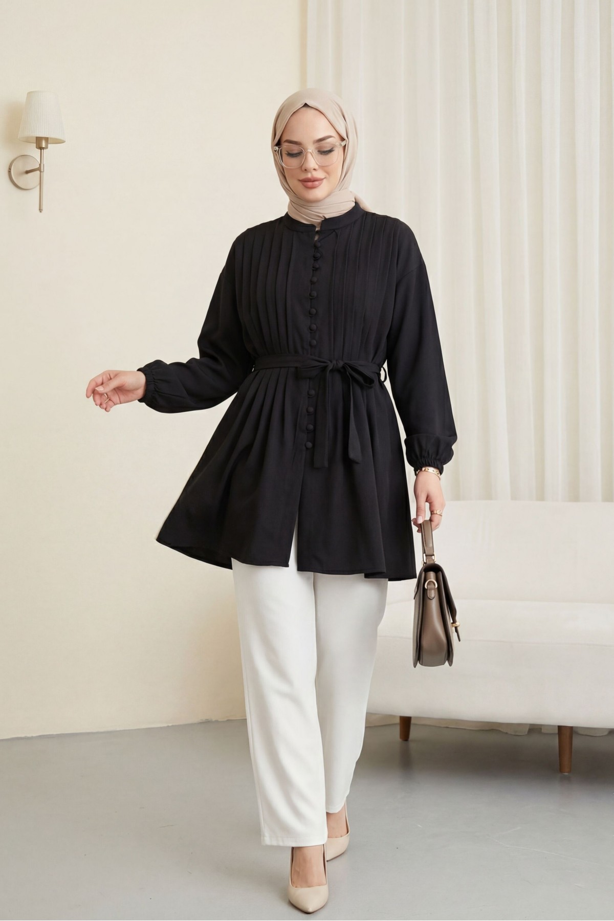 Kemerli Kolu Lastikli Önü Düğmeli Katlama Detaylı Poplin Gömlek -Siyah