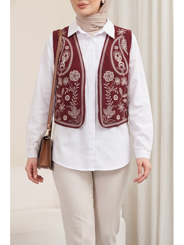 Nakışlı Fitilli Kadife Yelek -Bordo