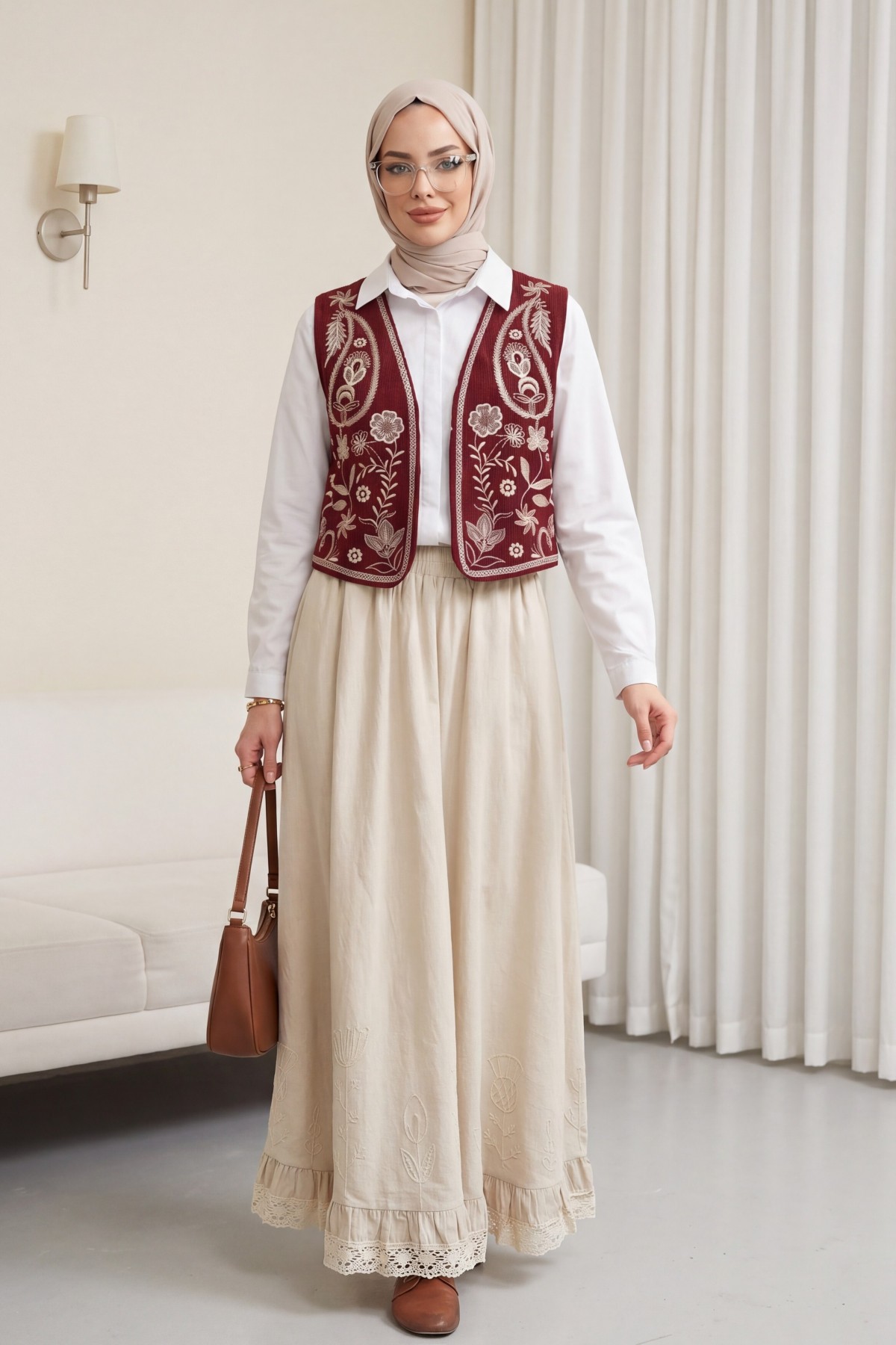 Nakışlı Fitilli Kadife Yelek -Bordo