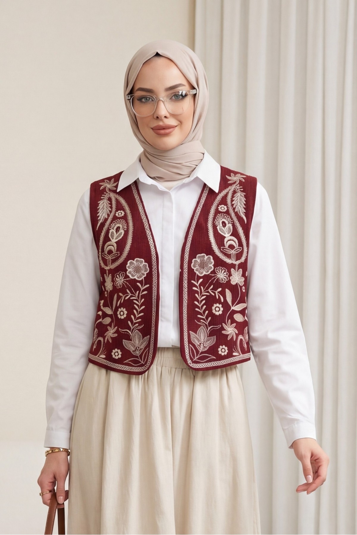 Nakışlı Fitilli Kadife Yelek -Bordo