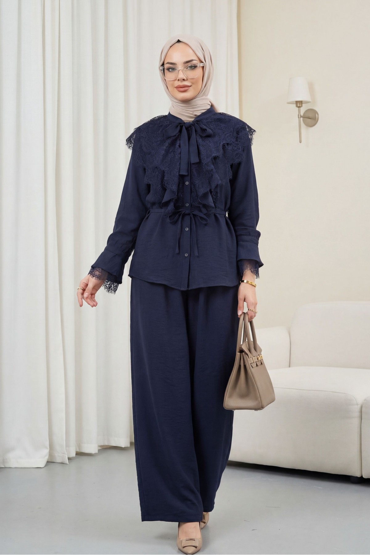 Yakası Bağlamalı Dantelli Fırfırlı Kemerli Pantolonu Astarlı Cupra Takım  -Laci