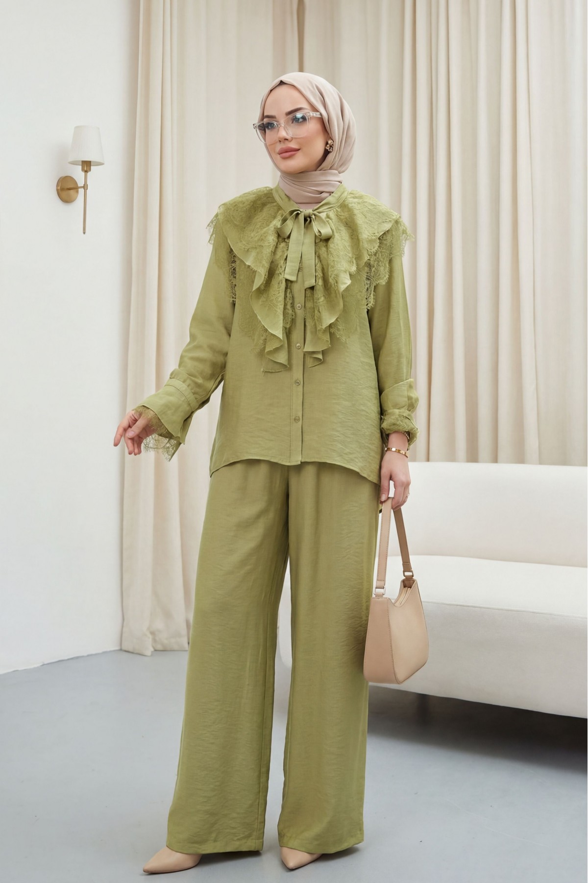 Yakası Bağlamalı Dantelli Fırfırlı Kemerli Pantolonu Astarlı Cupra Takım  -Zeytin