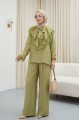 Yakası Bağlamalı Dantelli Fırfırlı Kemerli Pantolonu Astarlı Cupra Takım  -Zeytin