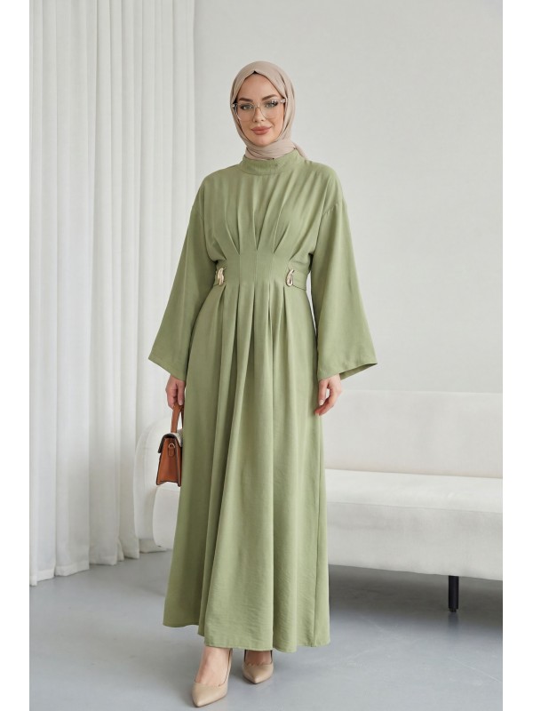 Pileli Beli Kemerli Toka Detaylı Modal Elbise   -Zeytin