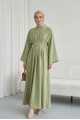 Pileli Beli Kemerli Toka Detaylı Modal Elbise   -Zeytin