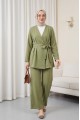 Pens Detaylı Önü Çapraz Bağlamalı Pantolonlu İthal Krep Takım -Çağla Y.