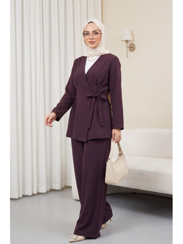 Pens Detaylı Önü Çapraz Bağlamalı Pantolonlu İthal Krep Takım -Mürdüm