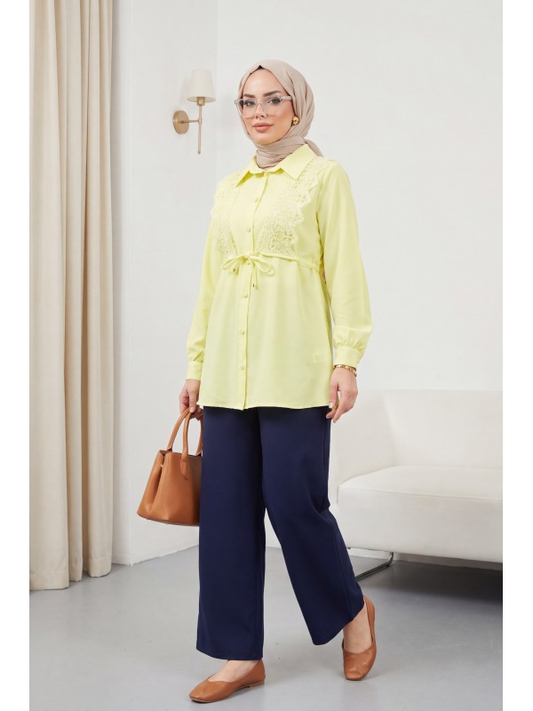 Önü Dantelli Bağlama Detaylı Düğmeli Poplin Gömlek -Açık Sarı