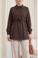 Önü Dantelli Bağlama Detaylı Düğmeli Poplin Gömlek -Kahve