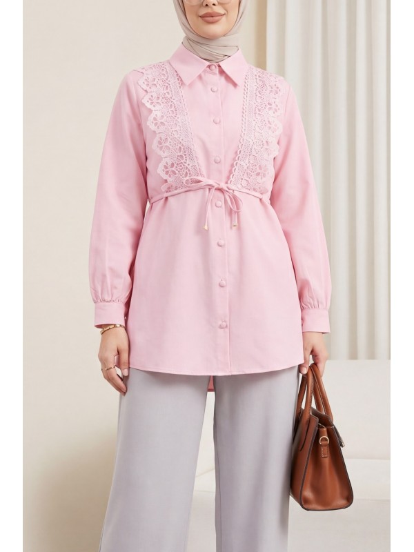 Önü Dantelli Bağlama Detaylı Düğmeli Poplin Gömlek -Pembe