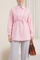 Önü Dantelli Bağlama Detaylı Düğmeli Poplin Gömlek -Pembe