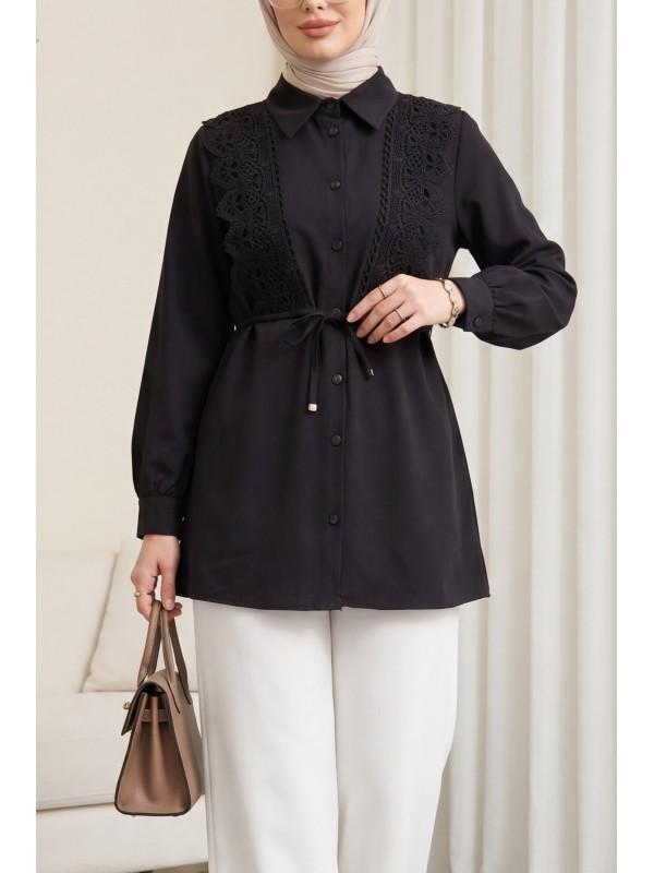 Önü Dantelli Bağlama Detaylı Düğmeli Poplin Gömlek -Siyah