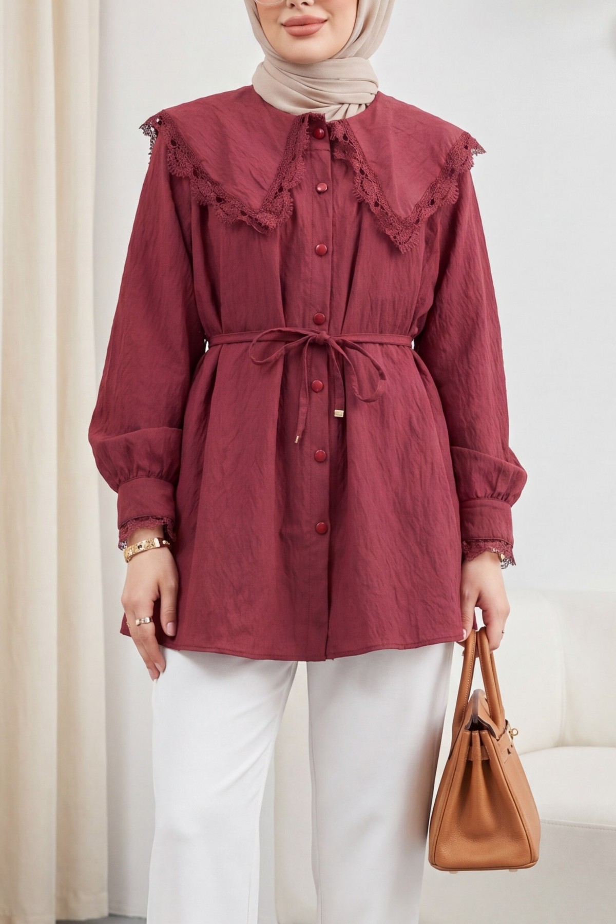 Bebe Yaka Fistolu Beli Bağcıklı Modal Tunik   -Bordo