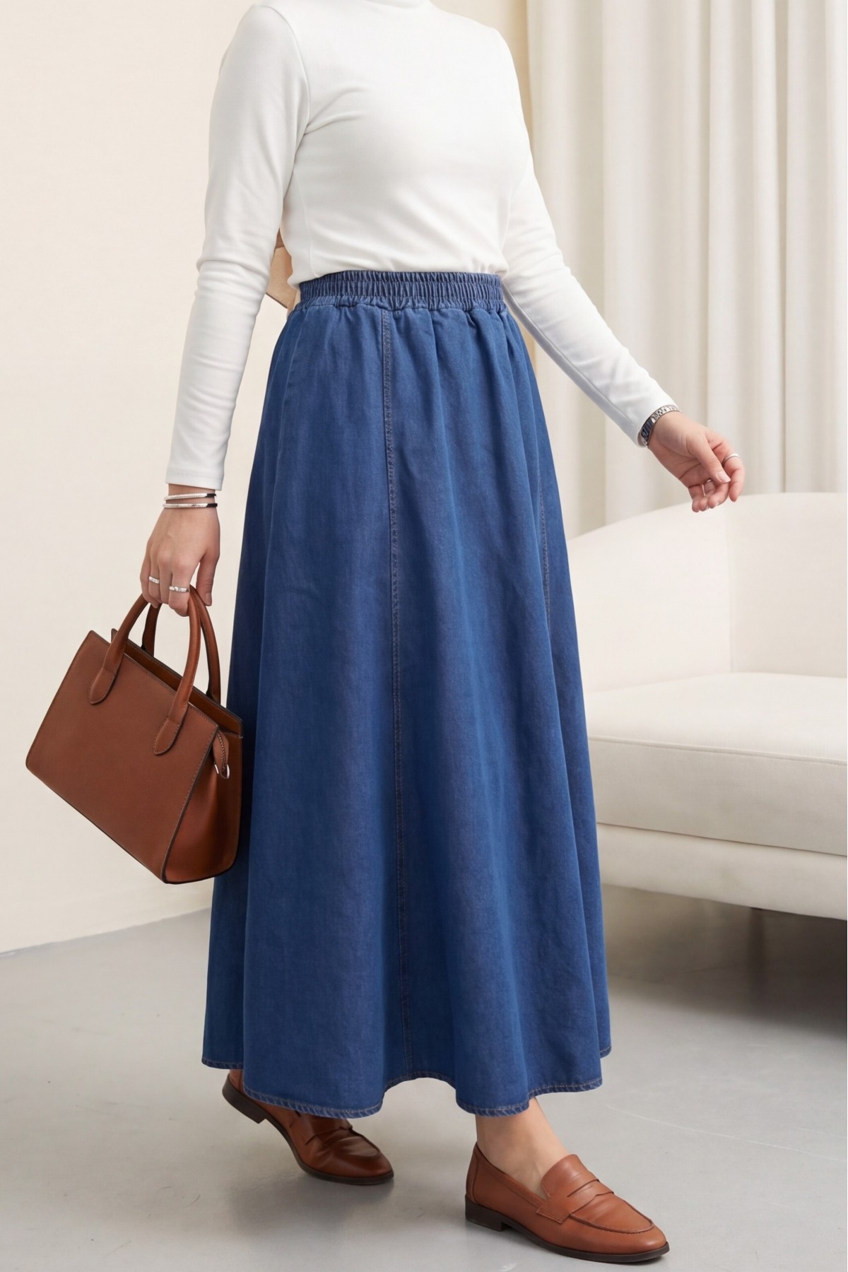 Yan Cepli Beli Lastikli Kot Etek  -İndigo