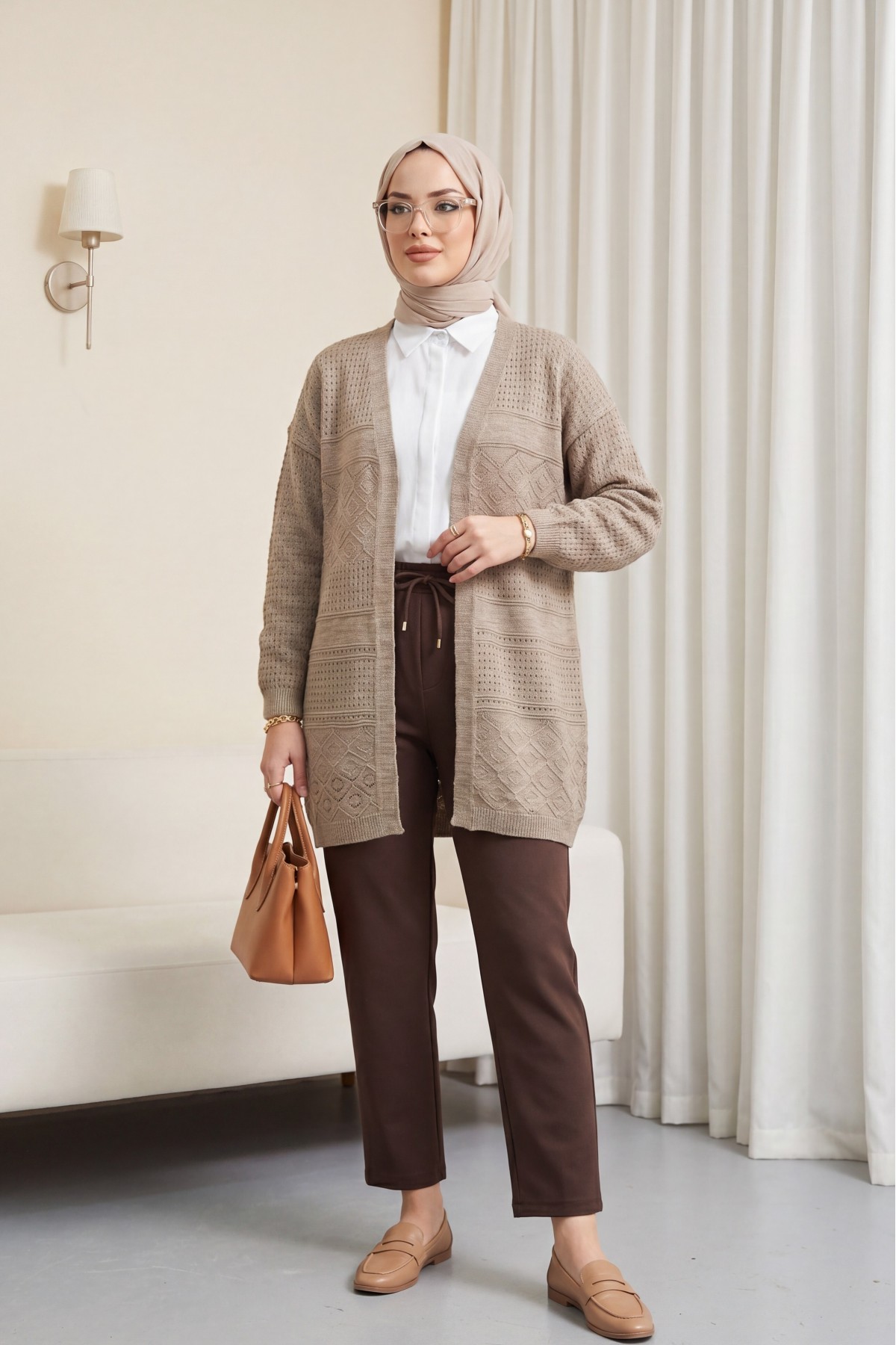 Ajurlu Mevsimlik Triko Hırka       -Açık Vizon