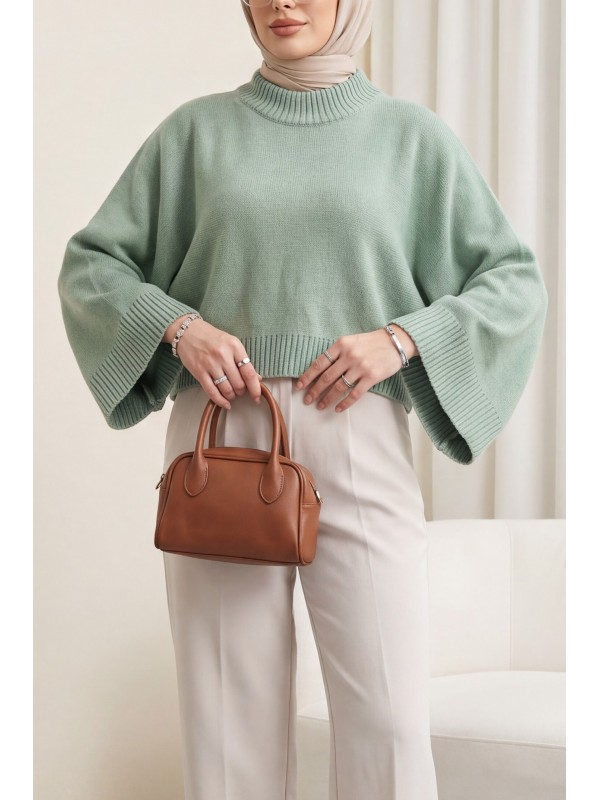 Yarım Boğazlı Yarasa Kol Etek Üstü Triko Kazak   -Mint