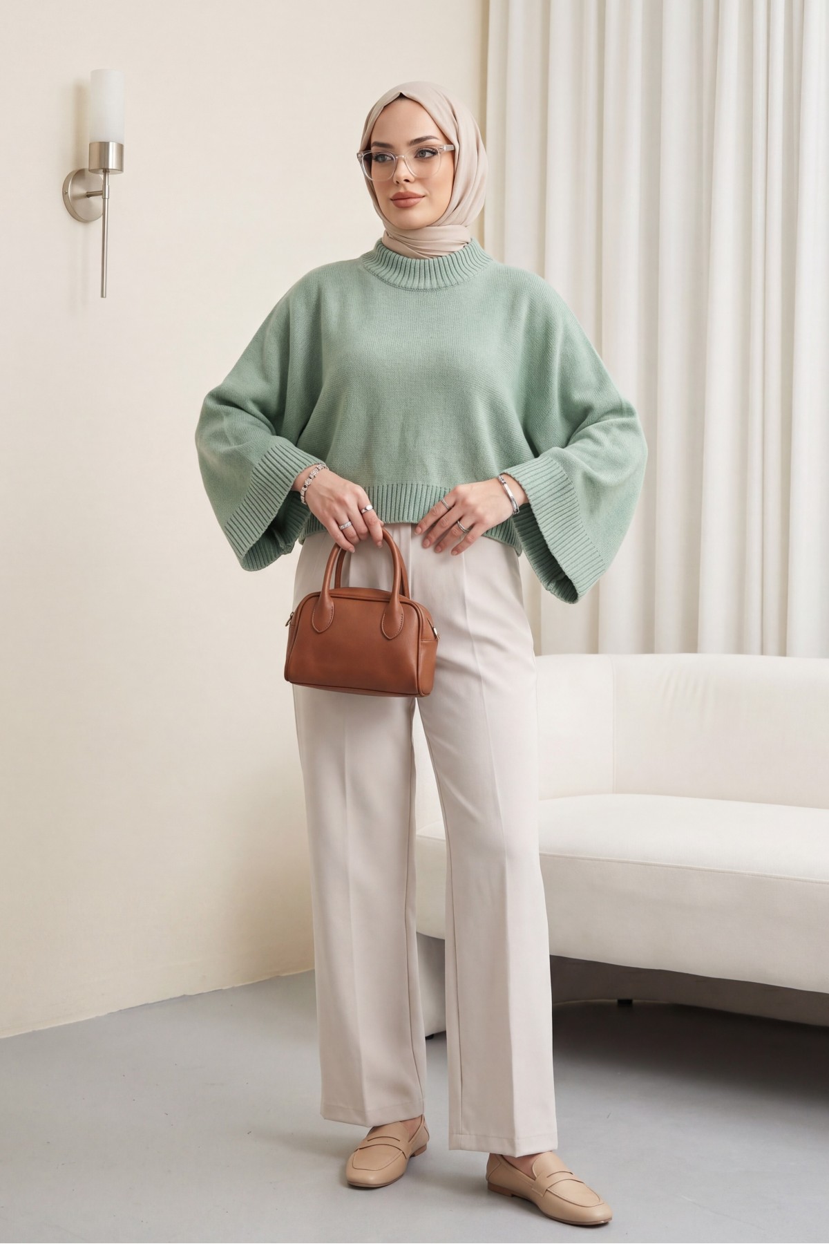 Yarım Boğazlı Yarasa Kol Etek Üstü Triko Kazak   -Mint