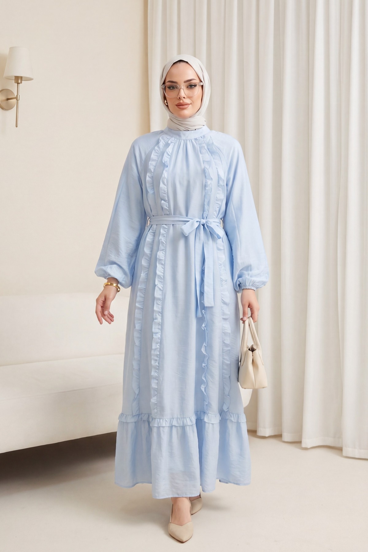 Önü Fırfırlı Beli Kemerli Kolu Lastikli Astarlı Cupra Elbise -Bebe Mavi