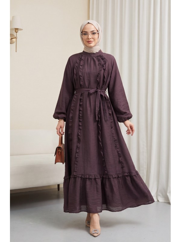 Önü Fırfırlı Beli Kemerli Kolu Lastikli Astarlı Cupra Elbise -K. Bordo