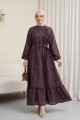 Önü Fırfırlı Beli Kemerli Kolu Lastikli Astarlı Cupra Elbise -K. Bordo