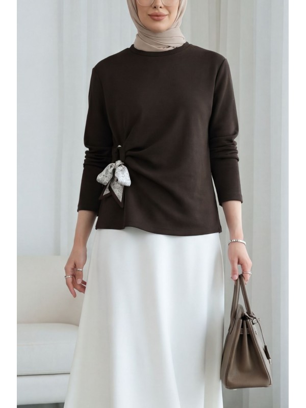 Yandan Fularlı Bağlama Detaylı Oyşo Bluz -K. Kahve