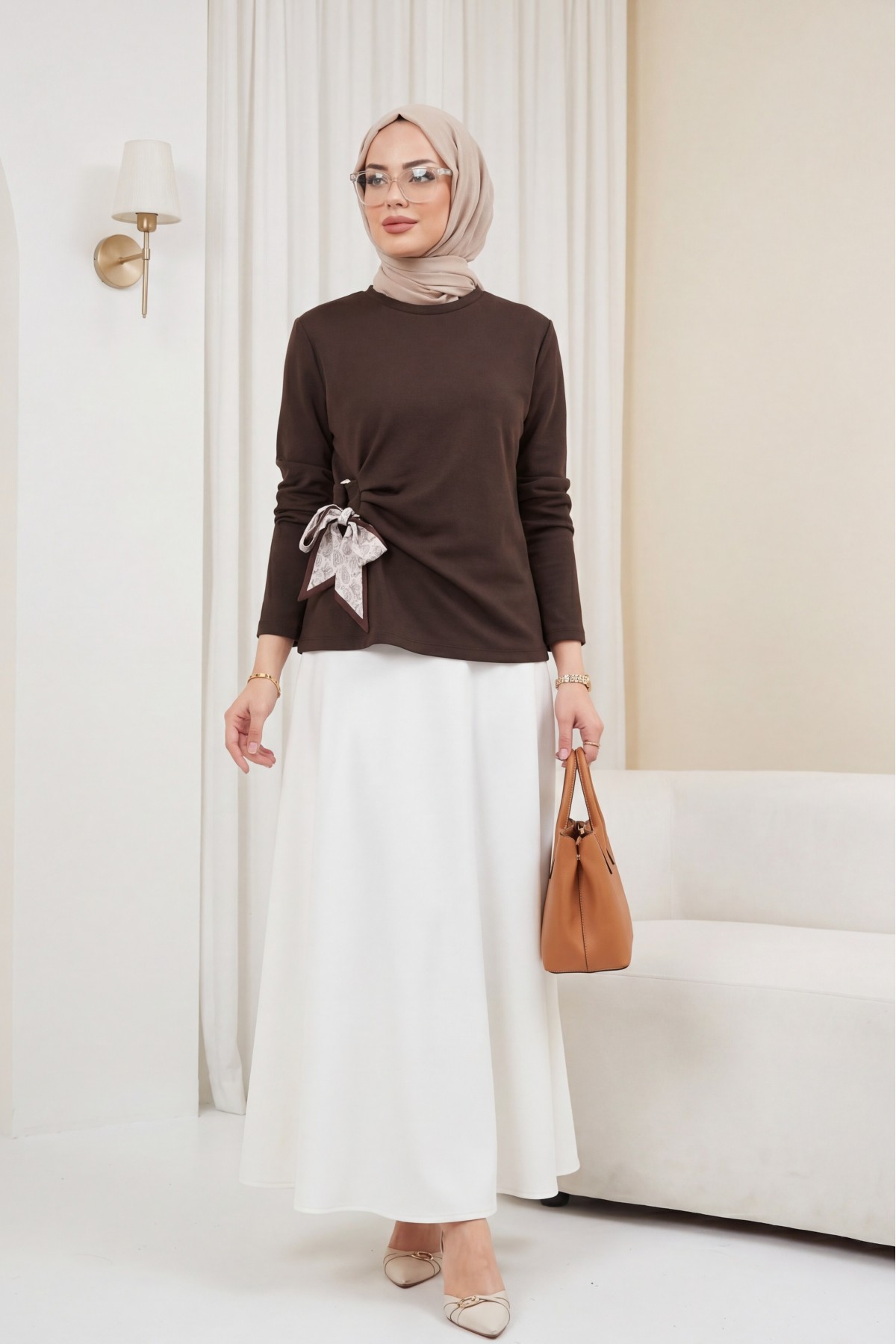 Yandan Fularlı Bağlama Detaylı Oyşo Bluz -K. Kahve