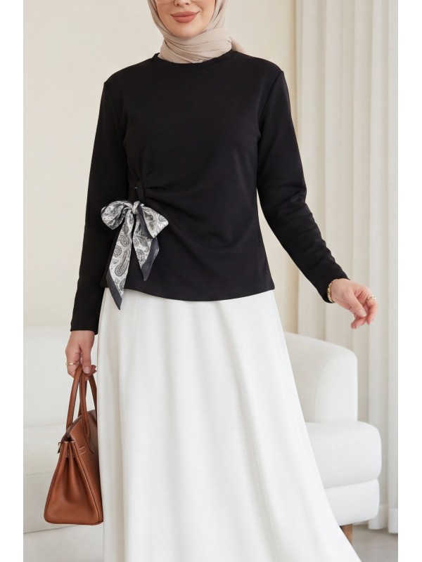 Yandan Fularlı Bağlama Detaylı Oyşo Bluz -Siyah