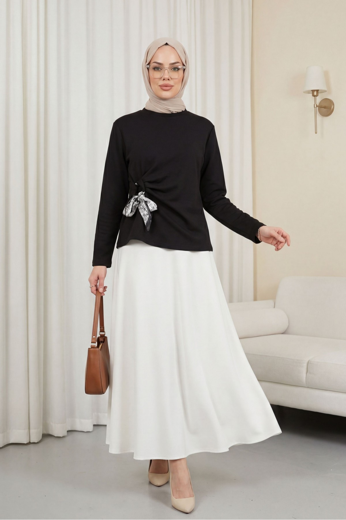 Yandan Fularlı Bağlama Detaylı Oyşo Bluz -Siyah