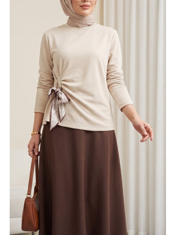 Yandan Fularlı Bağlama Detaylı Oyşo Bluz -Taş