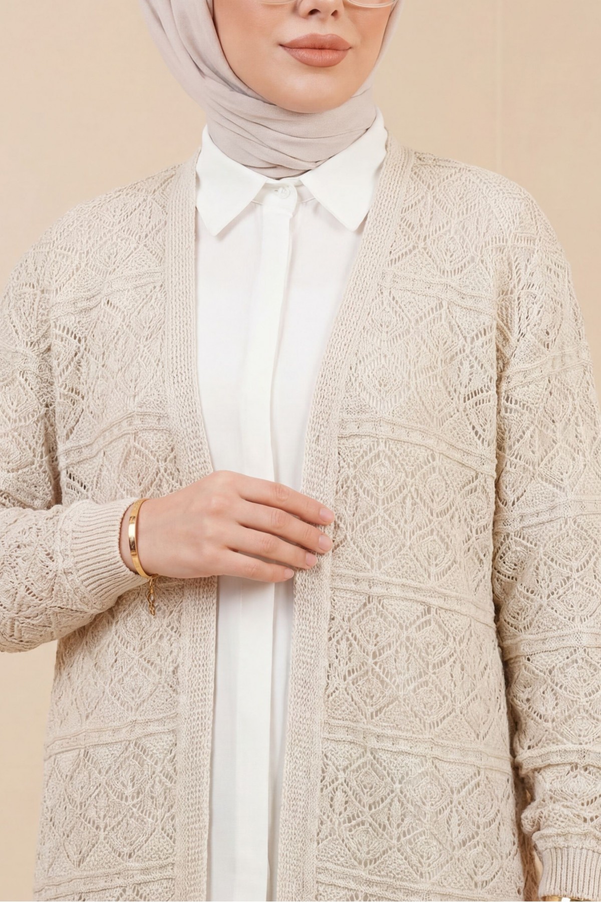 Kare Desenli Ajurlu Salaş Triko Hırka -Taş