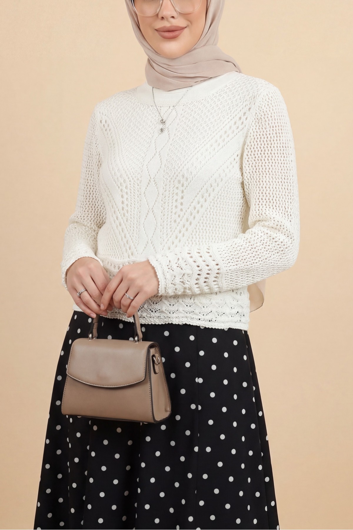 Ajurlu Desenli İnce Örgü Triko -Ekru