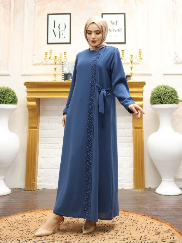 Önü Taş Detaylı Çift Kat Yandan Bağlamalı Ferace  -Petrol